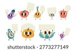 Funny vegetables with empty banners. Ad, tags characters for agriculture market, farm fresh products, super market. Eco vegan food vector clipart