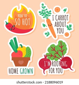Funny vegetables and fruits characters with phrases. Set of isolated stickers with chili, carrot, beetroot.