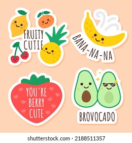Funny vegetables and fruits characters with phrases. Set of isolated stickers with strawberry, avocado, banana.