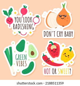 Funny vegetables and fruits characters with phrases. Set of isolated stickers with radish, onion, pepper.