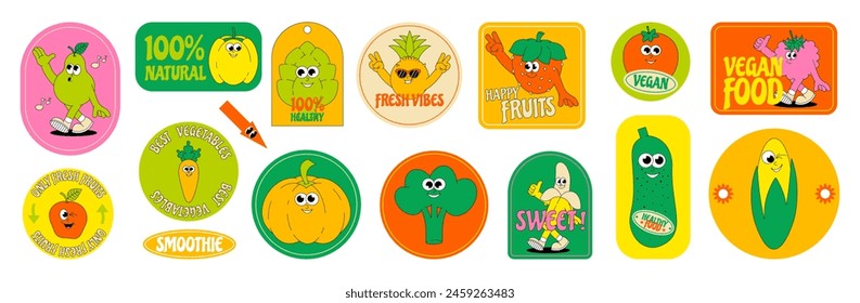 Verduras y frutas divertidas. Pegatina y parche retro groovy. Personajes cómicos, eslóganes y citas. Ilustración vectorial de verano