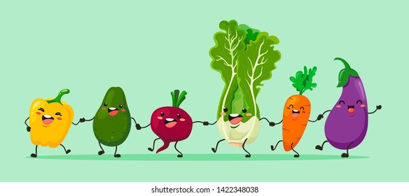 Funny vegetables go hand in hand after each other. Vector vegetable isolates in a cartoon style. 