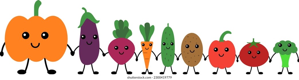 Funny vegetables hold hands, vector. Pumpkin and eggplant, beets and carrots, potatoes, cucumbers and tomatoes, peppers and broccoli. Vegetables with cute faces.