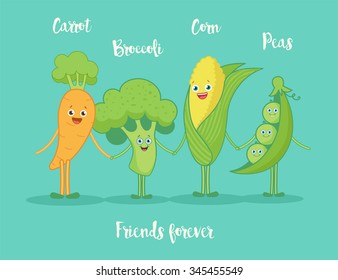 Funny vegetables holding hands.Funny cartoon character. Vector illustration. Isolated on white background.Set.