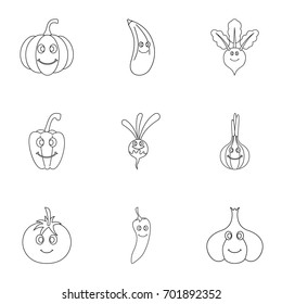 Funny vegetables icon set. Outline set of 9 funny vegetables vector icons for web isolated on white background