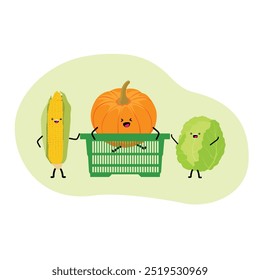 Verduras divertidas calabaza, maíz y repollo cesta de compras supermercado. Ilustración vectorial