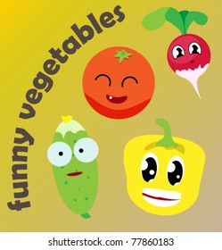 Funny vegetables. Radish, tomato, peppers and cucumber.
