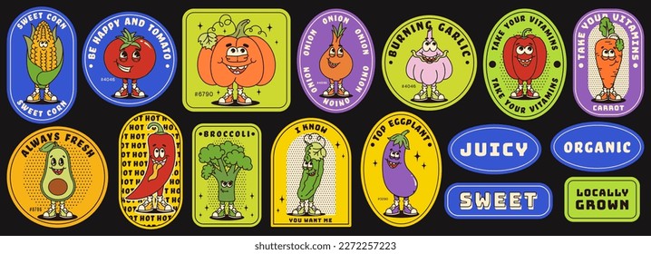 Funny vegetables retro cartoon characters sticker set. Modern label with cute comics characters. Hand drawn doodles of comic mascot. Set in modern cartoon style. 70s retro vibes.