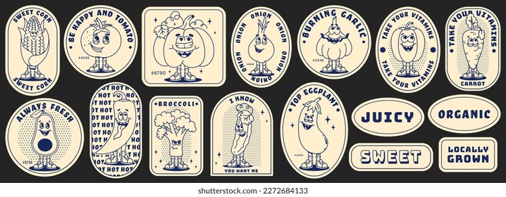 Funny vegetables retro cartoon characters sticker set. Modern label with cute comics characters. Hand drawn doodles of comic mascot. Monochrome palette. Set in modern cartoon style. 70s retro vibes.