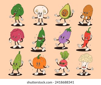 Funny vegetables retro cartoon characters sticker set. Modern label with cute comics characters. Hand drawn doodles of comic mascot. Set in modern cartoon style. 70s retro vibes.