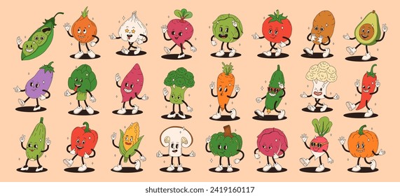 Funny vegetables retro cartoon characters sticker set. Modern label with cute comics characters. Hand drawn doodles of comic mascot. Set in modern cartoon style. 70s retro vibes.