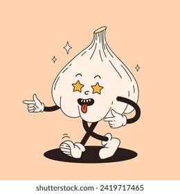 Funny vegetables retro cartoon characters sticker. Modern label with cute comics characters. Hand drawn doodles of comic mascot. Set in modern cartoon style. 70s retro vibes.