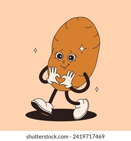 Funny vegetables retro cartoon characters sticker. Modern label with cute comics characters. Hand drawn doodles of comic mascot. Set in modern cartoon style. 70s retro vibes.