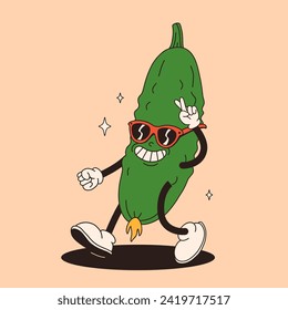 Funny vegetables retro cartoon characters sticker. Modern label with cute comics characters. Hand drawn doodles of comic mascot. Set in modern cartoon style. 70s retro vibes.