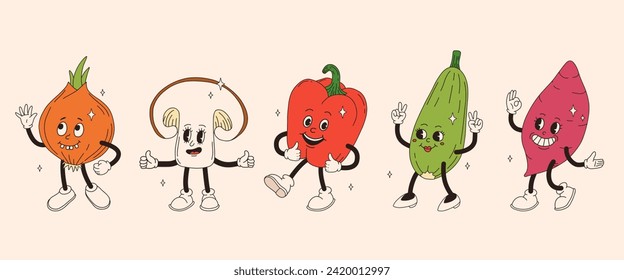 Funny vegetables retro cartoon characters sticker set. Modern label with cute comics characters. Hand drawn doodles of comic mascot. Set in modern cartoon style. 70s retro vibes.