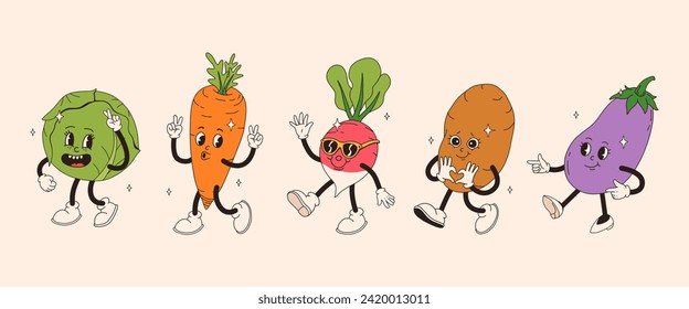 Funny vegetables retro cartoon characters sticker set. Modern label with cute comics characters. Hand drawn doodles of comic mascot. Set in modern cartoon style. 70s retro vibes.