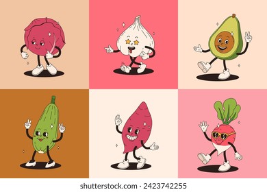 Funny vegetables retro cartoon characters sticker set. Modern label with cute comics characters. Hand drawn doodles of comic mascot. Set in modern cartoon style. 70s retro vibes.