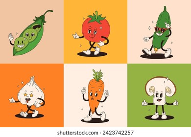 Funny vegetables retro cartoon characters sticker set. Modern label with cute comics characters. Hand drawn doodles of comic mascot. Set in modern cartoon style. 70s retro vibes.