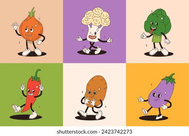 Funny vegetables retro cartoon characters sticker set. Modern label with cute comics characters. Hand drawn doodles of comic mascot. Set in modern cartoon style. 70s retro vibes.