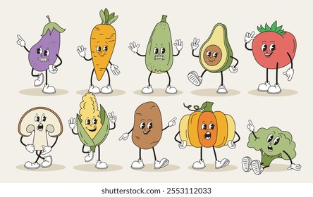 Conjunto de personajes retro de verduras divertidas. Mascota y personaje ficticio para niños. Pack para crear animaciones. Zanahorias, aguacate, tomate y maíz. Colección de Vector de dibujos animados aislados sobre fondo beige