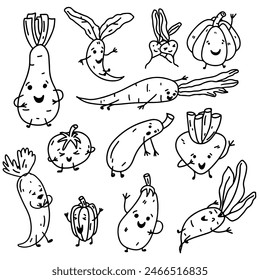 Lustiges Gemüse gesetzt. Handgezeichneter Doodle-Stil. Vektorillustration isoliert auf Weiß. Seite färben.
