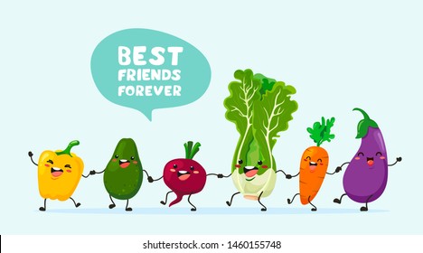 Funny vegetables with text balloons go hand in hand one after another. Vector vegetable isolates in cartoon style. Vitamins. Handwriting