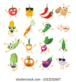 Funny vegetables - vector isolated cartoon emoticons. Cute emoji set with a nice characters. A collection of angry, surprised, happy, cheerful, crazy, laughing, sad food on white background