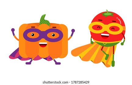 Funny Vegetables Wearing Superhero Cloak Vector Illustration Set