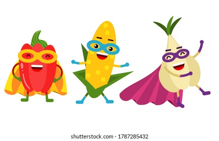 Funny Vegetables Wearing Superhero Cloak Vector Illustration Set