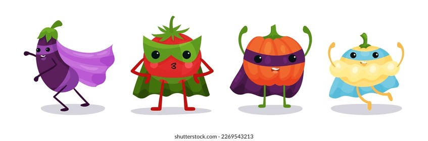 Funny Vegetables Wearing Superhero Cloak Vector Set