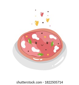 Funny vegetarian pizza with cheese. Colorful vector illustration