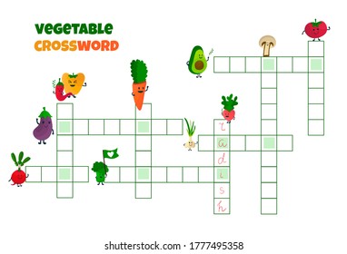 Funny veggies crossword. Colorful vegetables: carrot, beetroot, garlic, pepper, radish, chilli, aubergine, broccoli. Cute fellows with eyes, cheeks, hands. Childish characters. Game for kids. 9 words.