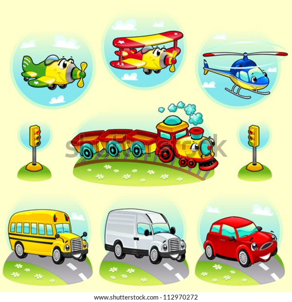 Funny vehicles with background. Cartoon and\
vector illustration.