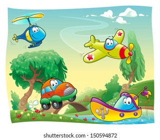 Funny vehicles in the countryside. Cartoon and vector illustration.