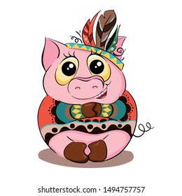 Funny and very cute pig. Charming pig in a bright Indian outfit and a stylish bandage with feather on his head.