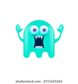 Funny very cute smiling cyan ghost monster isolated on white background. Comic Funky blue Ghost cartoon character and cute emoji. Halloween spirit element.