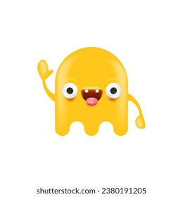 Funny very cute smiling orange ghost monster isolated on white background. Comic Funky Yellow Ghost cartoon character and cute emoji. Halloween spirit element.