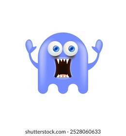 Funny very cute smiling violet ghost monster isolated on white background. Comic Funky violet Ghost cartoon character and cute emoji. Halloween spirit element.