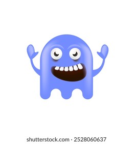 Funny very cute smiling violet ghost monster isolated on white background. Comic Funky violet Ghost cartoon character and cute emoji. Halloween spirit element.