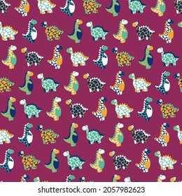 Funny vibrant seamless pattern with hand-drawn spotted dinosaurs vector. Bold colors animal surface design for kids. Happy jurassic reptiles seamless pattern