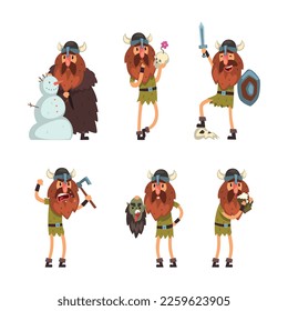 Funny Viking Charakter als mittelalterlicher Krieger in Helm engagiert in verschiedenen Aktivitäten Vectorset-Einsatz