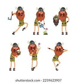 Funny Viking Character as Medieval Warrior in Helmet Engaged in Different Activity Vector Set