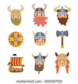 Funny Viking stickers Vector images. Children's images to decorate with. Brown background.