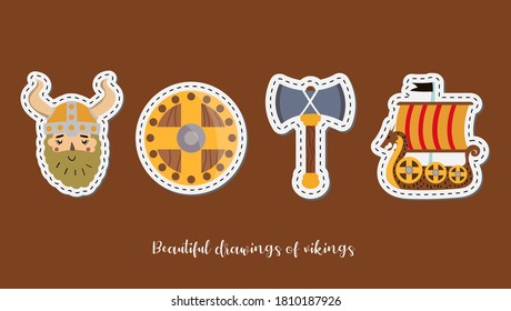 Funny Viking stickers Vector images. Children's images to decorate with. Brown background.