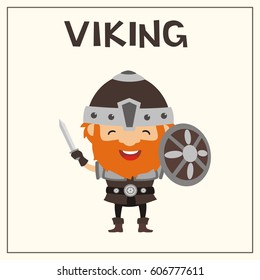 Funny Viking with sword and shield in cartoon style. 