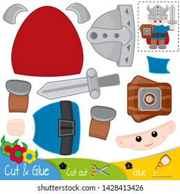 Funny viking with sword and shield. Knight with a helmet. Education paper game for preshool children. Vector illustration.