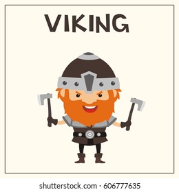 Funny Viking with two battle axes in cartoon style.