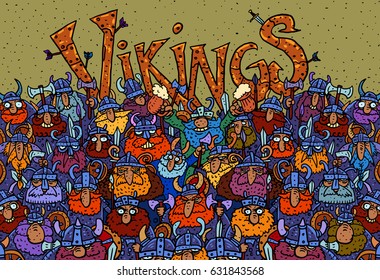 Funny vikings. Cartoon vector illustration, poster.