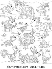 funny village animals, pattern, various poses and situations, drawing, vector, images, cartoon. Coloring book page for adults and children