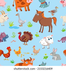 funny village animals, pattern, various poses and situations, drawing, vector, images, cartoon